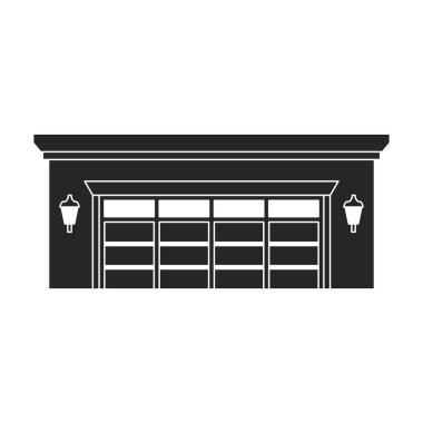 Binanın beyaz arkaplan garajında siyah vektör simgesi izole edildi.