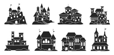 Kumdan kale vektörü siyah set simgesi. Beyaz arkaplanda vektör illüstrasyon kumdan kale. İzole edilmiş siyah set ikon peri kulesi.