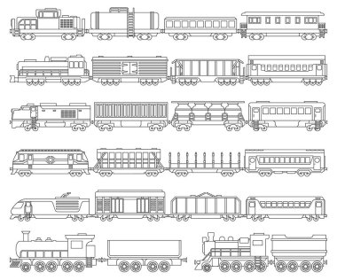 Vagon izole edilmiş lokomotifli taslak simge. Vektör ana hatlı ikon tren seti. Beyaz arkaplanda vektör illüstrasyon lokomotifi.