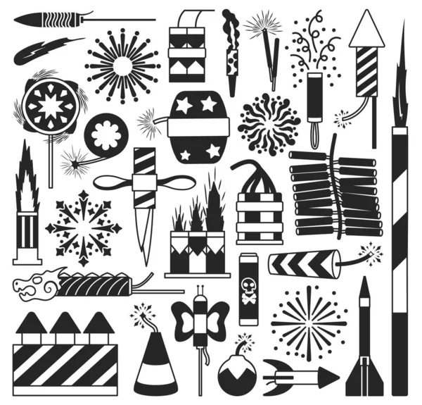 크리스마스 불꽃놀이 블랙 벡터 세트 icon.Vector illustration celebrate firecracker.Isolated black vector set icon of christmas Firework on white background . — 스톡 벡터