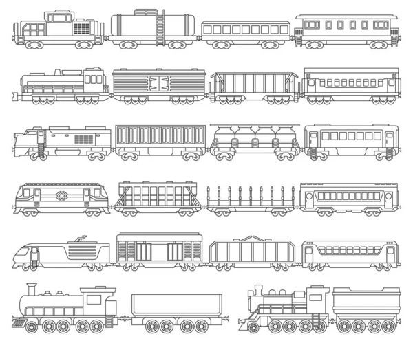 Locomotora con icono de conjunto de contorno aislado vagón. Esquema vectorial conjunto icono tren ferroviario. Locomotora de ilustración vectorial sobre fondo blanco. — Vector de stock