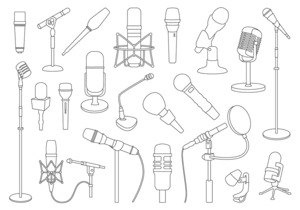 Illustrazione vettoriale del microfono su sfondo bianco. Contorno vettoriale impostato icona musica microfono. Isolato microfono icona set contorno . — Vettoriale Stock