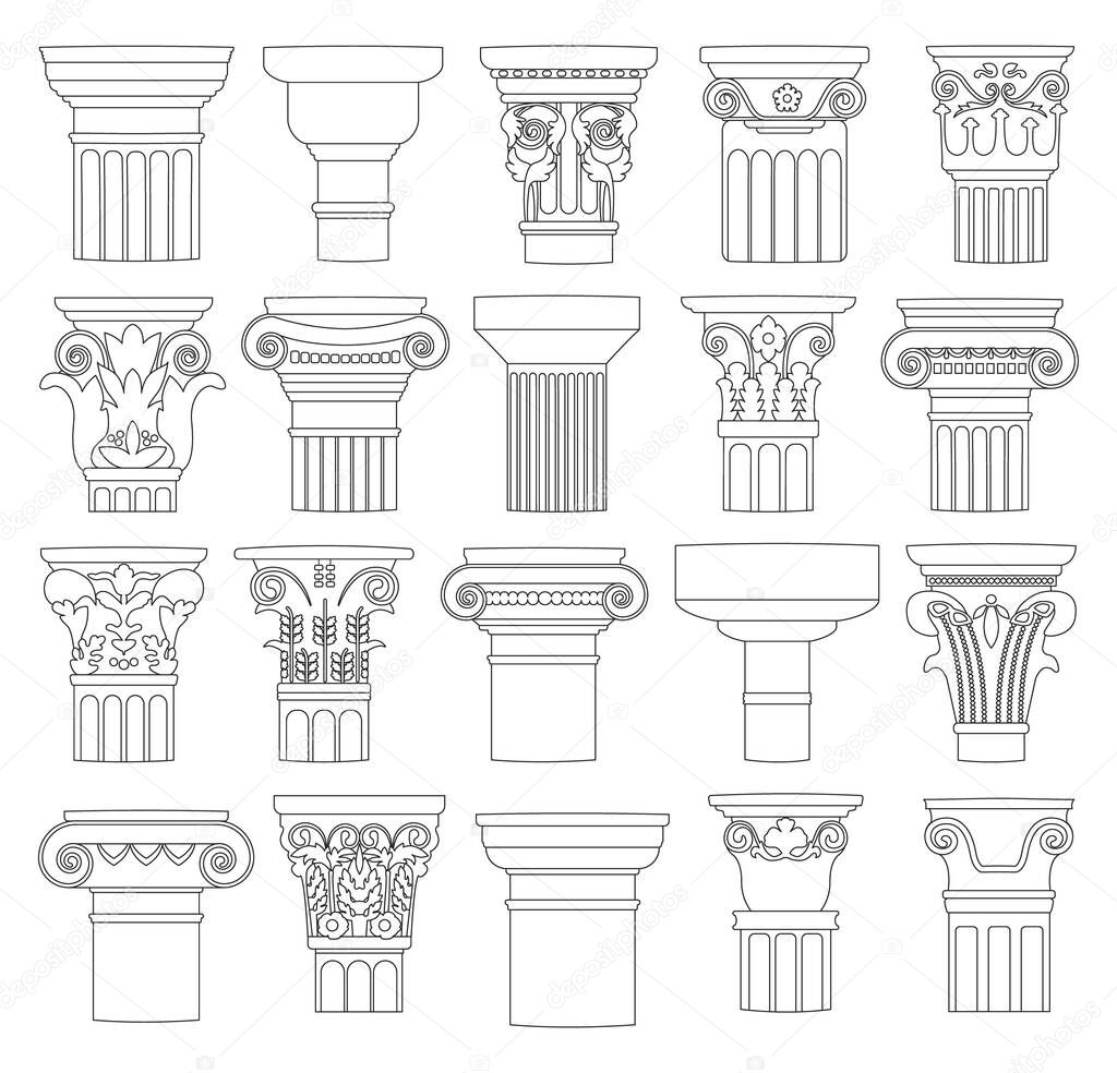 Top of column isolated outline set icon. Vector outline set icon antique pillar. Vector illustration top of column on white background.