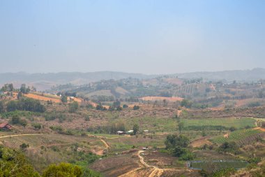 Evleri ve vadileri görmek için yüksek açı.