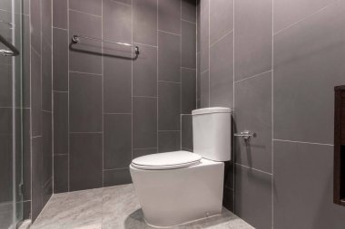 Evin içinde konforlu temiz ve siyah banyo.