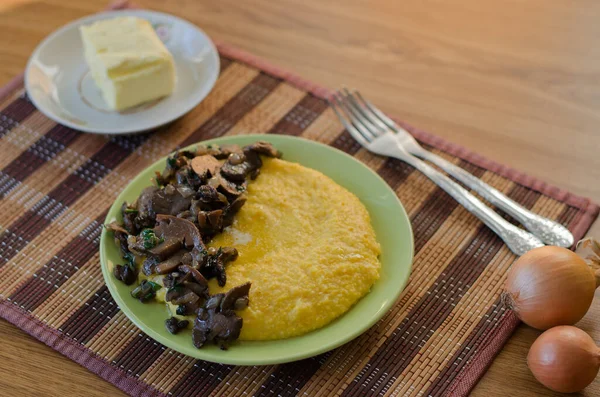 Corn Porridge Fried Mushrooms Onions Butter Plates Table Traditional Homemade — Stock Photo, Image