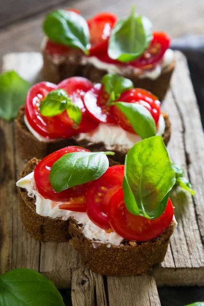 Bruschetta z pomidorami cherry serek i bazylia — Zdjęcie stockowe