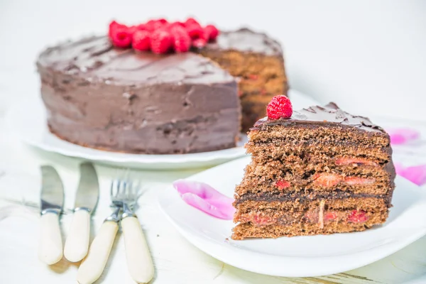 Torta fatta in casa con lamponi freschi — Foto Stock