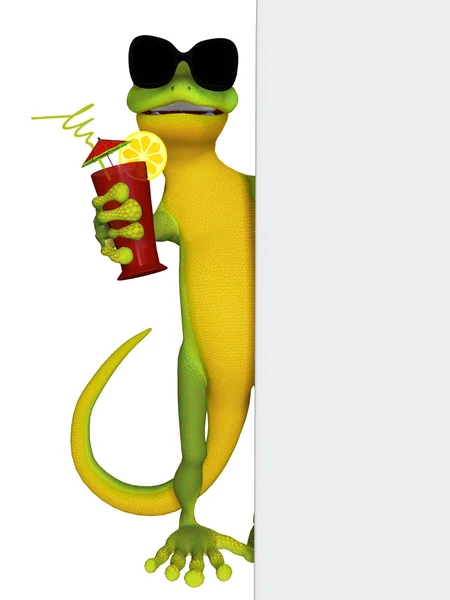 Cartoon gecko med en drink och Tom ram — Stockfoto