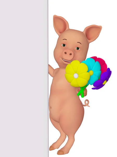 3d cartoon pig with a blank board and flowers — Stock Photo, Image