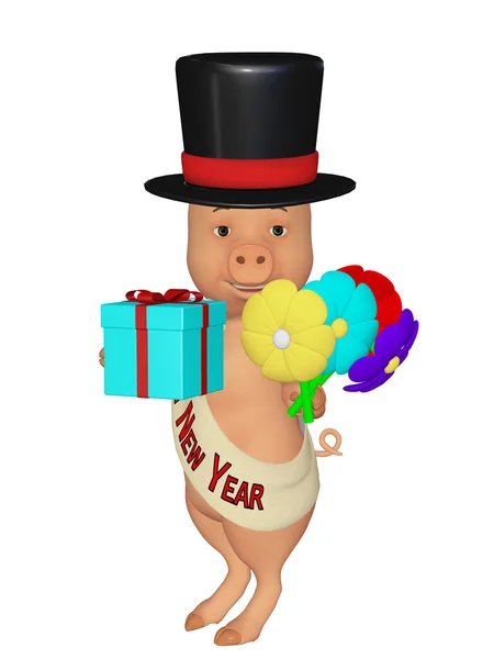 Lindo dibujo animado 3d cerdo feliz año nuevo —  Fotos de Stock