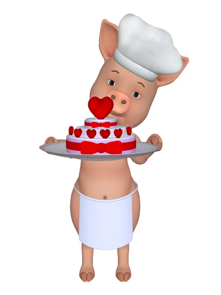 3D cartoon varken met een prachtige cake — Stockfoto