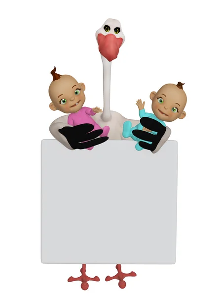 Cegonha dos desenhos animados com dois bebês e placa em branco — Fotografia de Stock