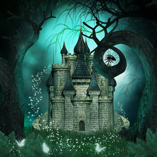 Fundo mágico com um castelo de fantasia e árvores assustadoras — Fotografia de Stock