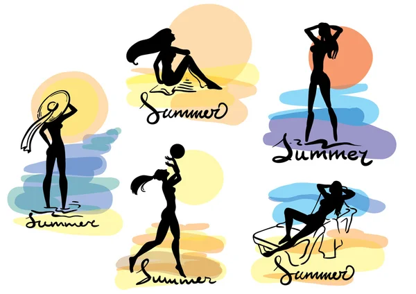 Zomer. Meisjes silhouetten op het strand — Stockvector