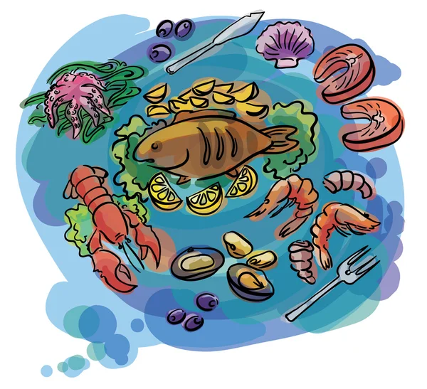 Fisch und Meeresfrüchte Set Illustration — Stockvektor