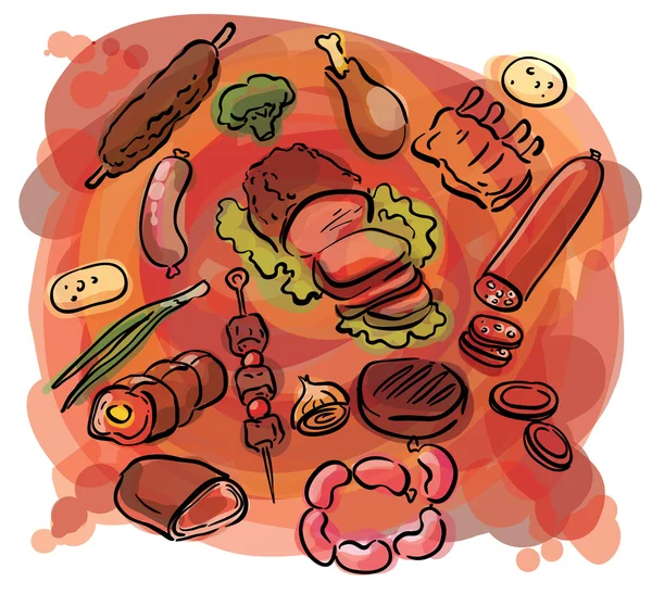 Illustration de croquis de jeu de nourriture de viande — Image vectorielle