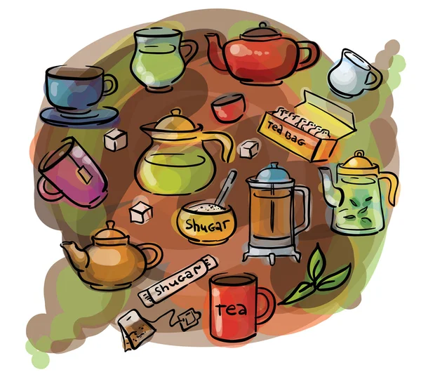 Acuarela boceto juego de té — Vector de stock