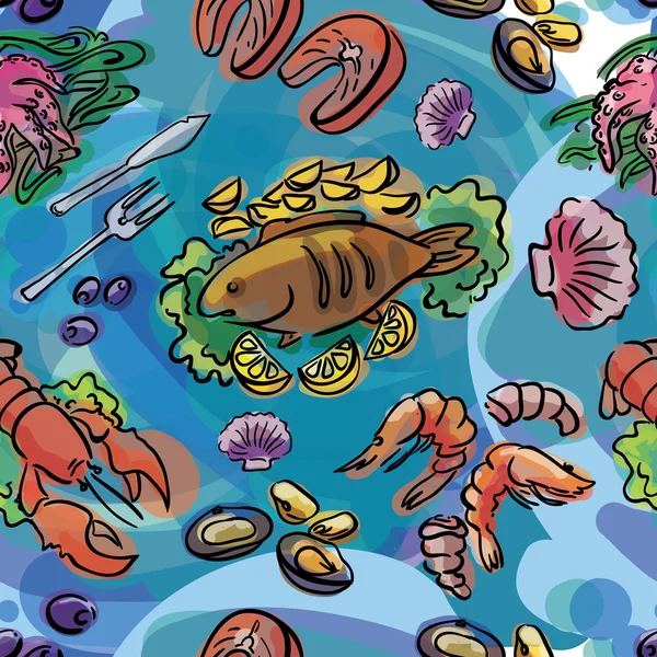 Ilustração sem emenda de peixe e marisco — Vetor de Stock