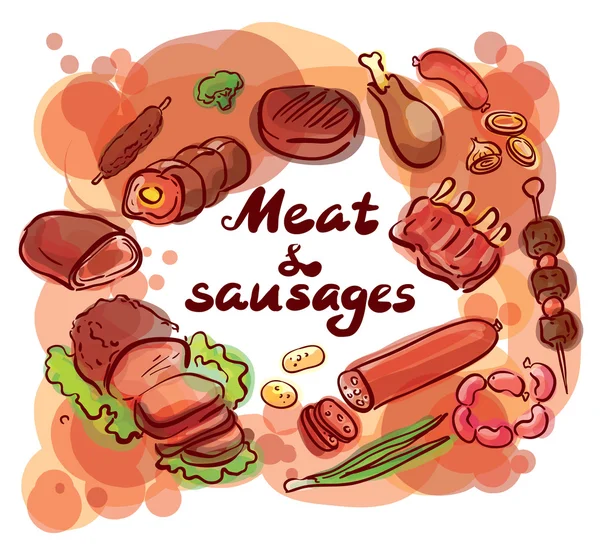 Carne e salsichas conjunto esboço ilustração letras — Vetor de Stock