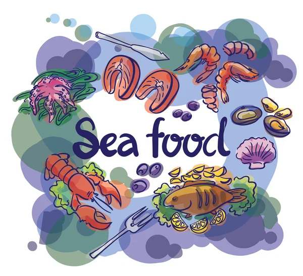 Fisch und Meeresfrüchte Set Illustration und Schriftzug — Stockvektor