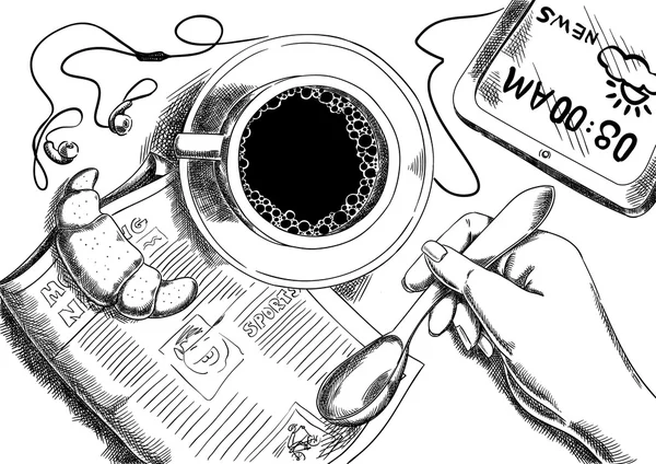 Poranna kawa i poranna gazeta rogalik, ręką i kartę — Wektor stockowy