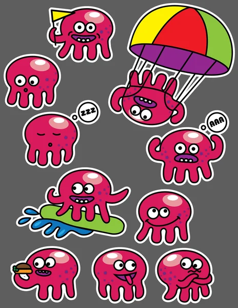 Emotions octopus set of stickers — Stock Vector