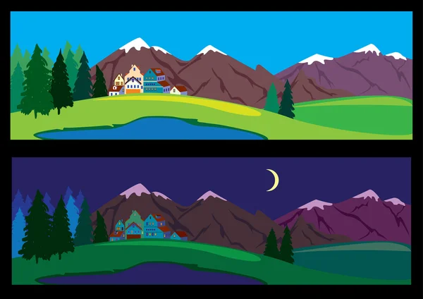Town in the mountains two banner day and night — Stock Vector