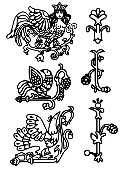 Antiguo conjunto ornamental ruso con aves de fantasía, harinas y sirin — Archivo Imágenes Vectoriales