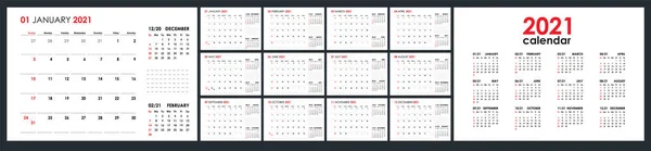 Calendario Pianificatore 2021 Anno Settimana Inizia Domenica Tavole Mesi Prestabiliti — Vettoriale Stock