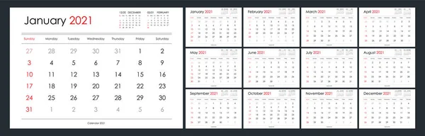 Calendario Planificador Para 2021 Año Semana Comienza Domingo Tablas Meses — Archivo Imágenes Vectoriales