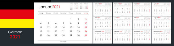 Calendar and planner for 2021 year. Week starts on Monday. 12 boards, months set. Simple wall layout. Clear template. German language. Copy space. Yearly layout. Monthly format A4. Ready for print.