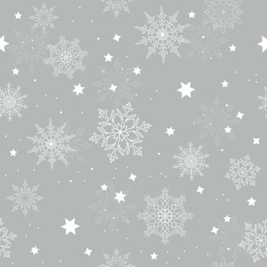 Gri arka planda sevimli kar taneleri. Kış motifli kusursuz desen. Vektör illüstrasyonu.