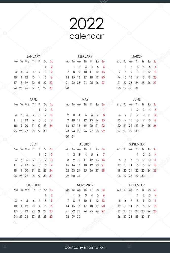 2022 calendar template. Simple black and white design. Week starts monday. 12 months on one page. Annual project. First, last page. Month's collection. Vector design. Electronic, phone, office design