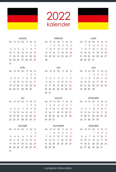 German Calendar 2022 Months One Page Weekend Start Monday Clean — Stock Vector