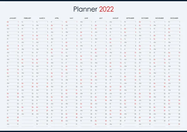 Календарь Планирования 2022 Год Настенный Организатор Ежегодный Шаблон Планировщика Векторная — стоковый вектор