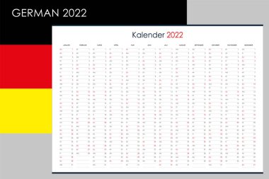 2022 için planlama takvimi. Duvar düzenleyicisi, yıllık planlama şablonu. Vektör çizimi. Dikey aylar. Bir sayfa. 12 aylık bir set. Almanca.