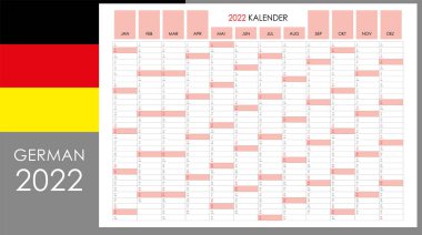 2022 planlamacısı. Standart yatay biçim takvimi ve basit biçim. Açık kırmızı renkli pazar günü. Duvar düzenleyicisi, yıllık planlama şablonu. Vektör çizimi. Dikey aylar. Bir sayfa. 12 aylık set