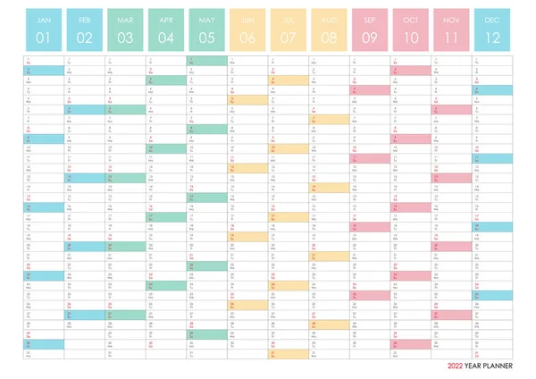 Kalendarz Planowania Rok 2022 Organizator Ścian Szablon Rocznego Planisty Ilustracja — Wektor stockowy