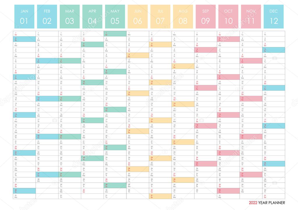 Planner calendar for 2022. Wall organizer, yearly planner template. Vector illustration. Vertical months. One page. Set of 12 months. English language.