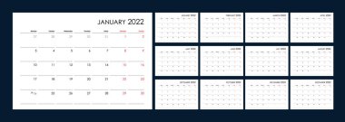 2022 yılının takvimi. Her günün organizatörü ve planlayıcısı. Hafta pazartesiden itibaren başlıyor. 12 tahta, aylar hazır. Duvar düzeni. Şablon temiz. İngilizce.