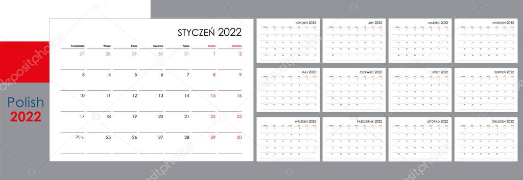 Calendar for 2022 year. An organizer and planner for every day. Week starts from Monday. 12 boards, months set. Wall layout. Clear template. Polish language.