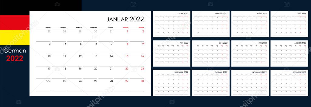 Calendar for 2022 year. An organizer and planner for every day. Week starts from Monday. 12 boards, months set. Wall layout. Clear template. German language.
