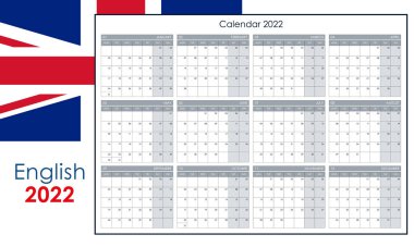 2022 için yıllık takvim. Notlar için boş yeri olan bir duvar planlayıcısı. Yatay yerleşim, bir sayfada 12 aylık şablon. Hafta pazartesiden itibaren başlıyor. İngilizce.
