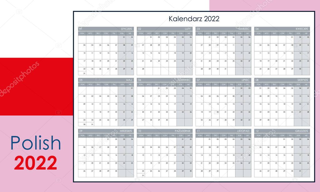 Annual calendar for 2021. Wall planner with free space for notes. Horizontal layout, template with 12 months on one page. Week starts from monday. Polish language.