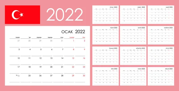 Calendar 2022 Year Organizer Planner Every Day Week Starts Monday — Stock Vector