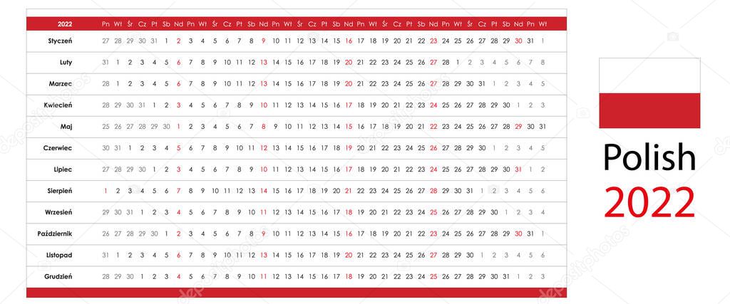 Linear calendar 2022. Clear design. Horizontal grid with selected sundays. Yearly calendar organizer, planner. Polish language and simple template. Wall, desk calendar. Check list for every day.