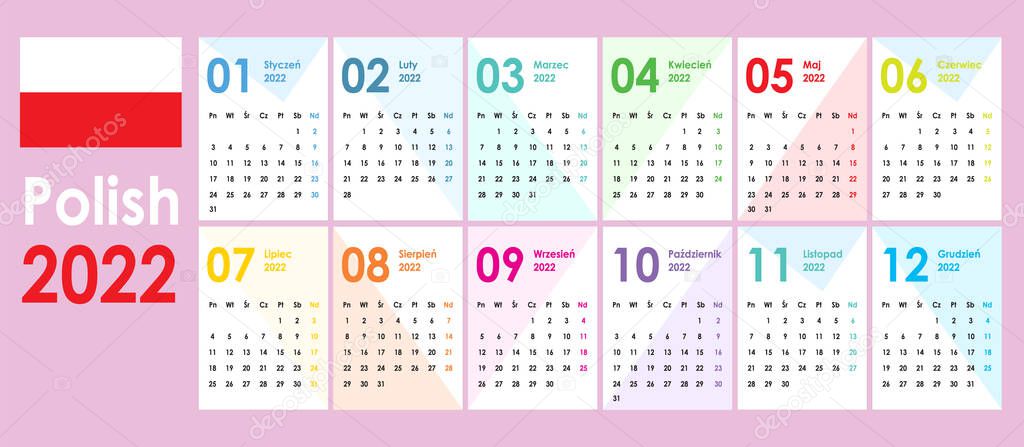 Calendar for 2020. Simple and clean appearance. Geometric figures like a background. Pocket cards. Wall, office calendar. Week starts monday. Polish language.