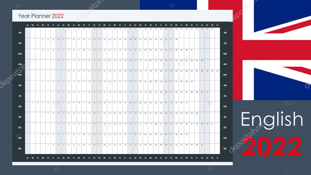 Planner calendar for 2022. Wall organizer, yearly planner template. Vector illustration. Vertical months. One page. Set of 12 months.
