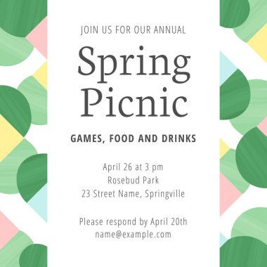 Kare şeklinde, yeşil ve sarı renkli geometrik şekilli davetiye. Yazı tiplerine Germano ve Nötron deniyor..